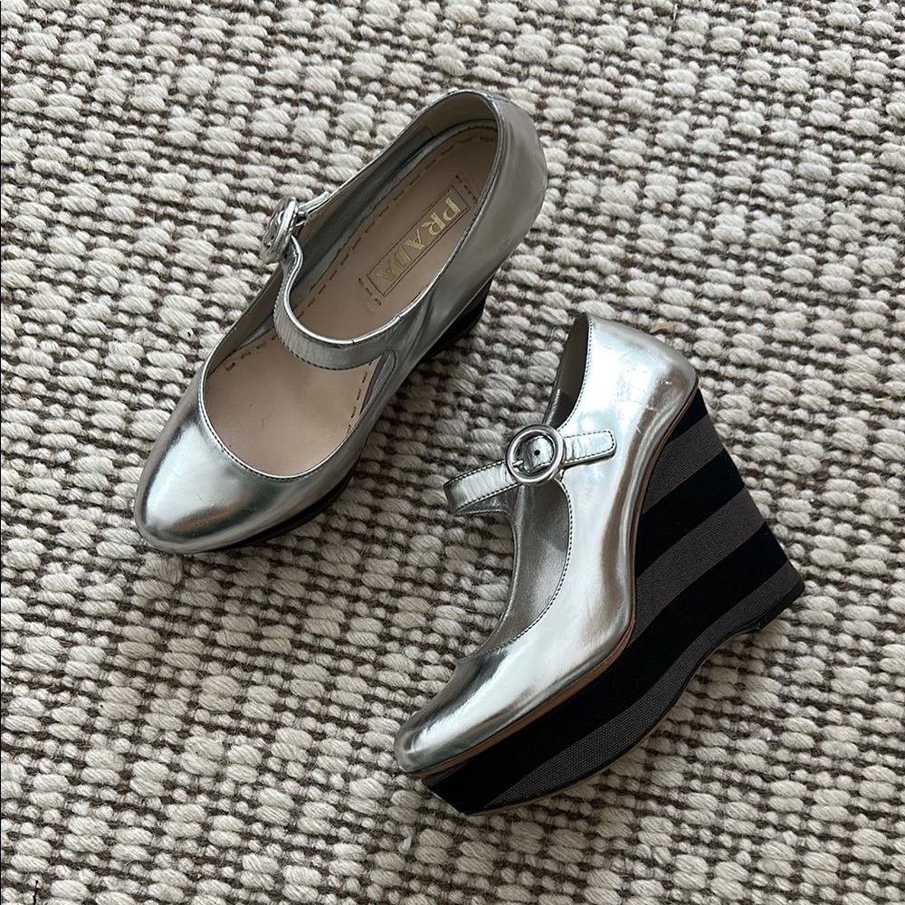 Vintage Prada Silver Wedge Pumps